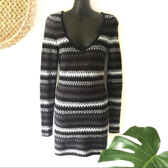 Free People Dresses & Skirts - Free People Body Con Scoop V-neck Sweater Dress Nordic Stripes